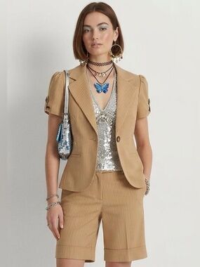 Y2K 2000’s BCX Tan Pinstripe Demi Short Sleeve Capri Shorts Suit / Pantsuit